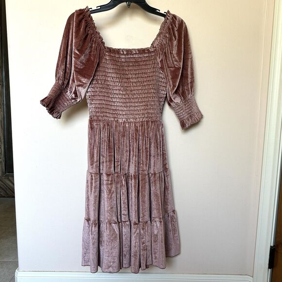 Baltic Born Velvet Dress Womens Small Midi Smocked Whimsigoth Milkmaid Peasant - Picture 3 of 7